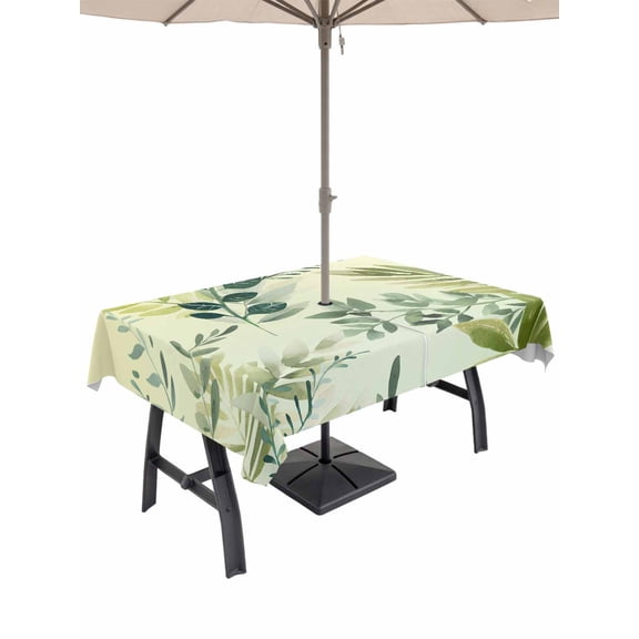 Outdoor Tablecloth with Umbrella Hole and Zipper, Green Blue Leaves Rectangle Table Cloth 52x70 Inch Waterproof Tablecloth, Summer Botanical Farmhouse Watercolor Leaf Picnic Table Cover for Patio