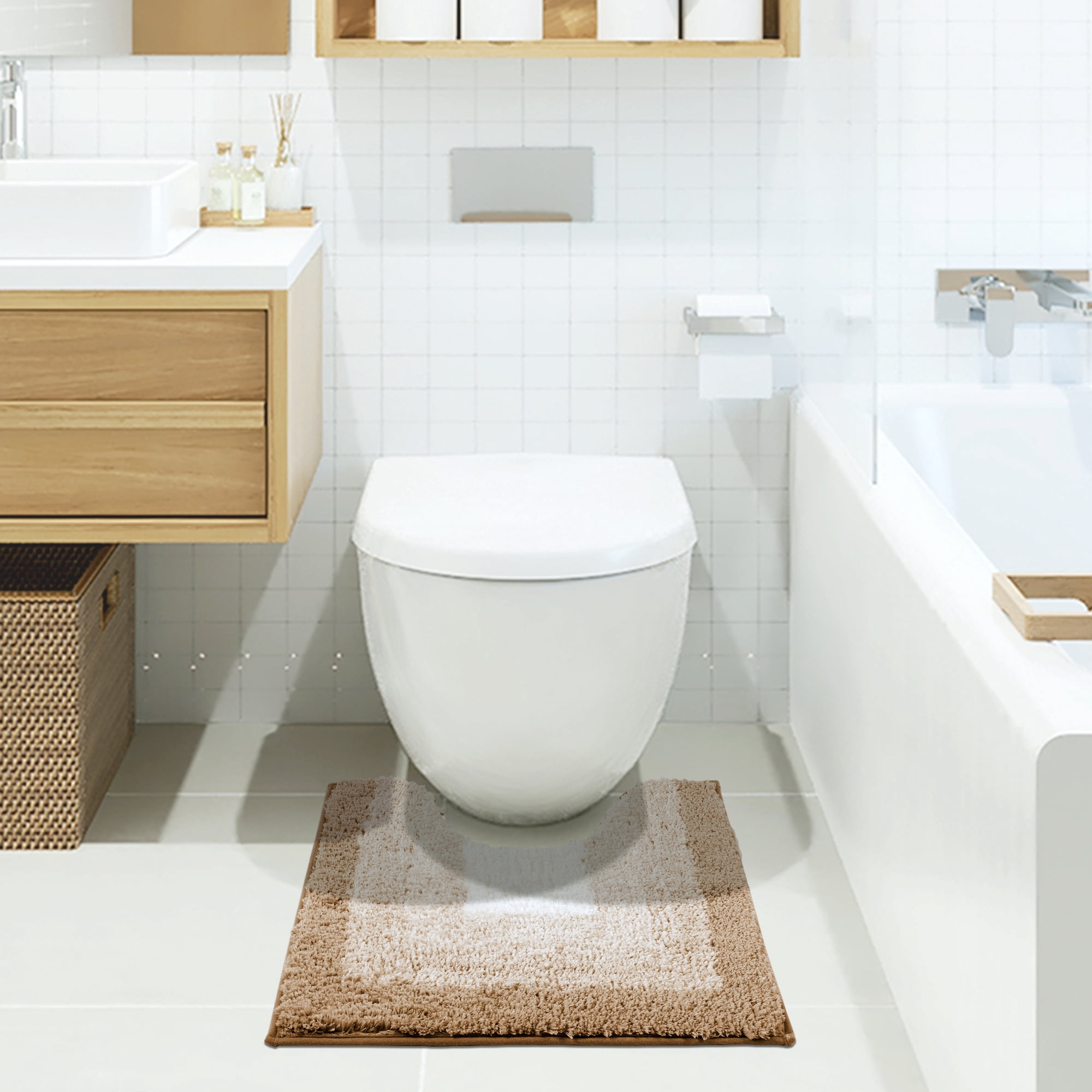 Unique Bargains Absorbent Bath Rug Non-Slip Plush Shaggy Bath Carpet Bath Mats Brown Geometry U-Shaped 20" x 20"
