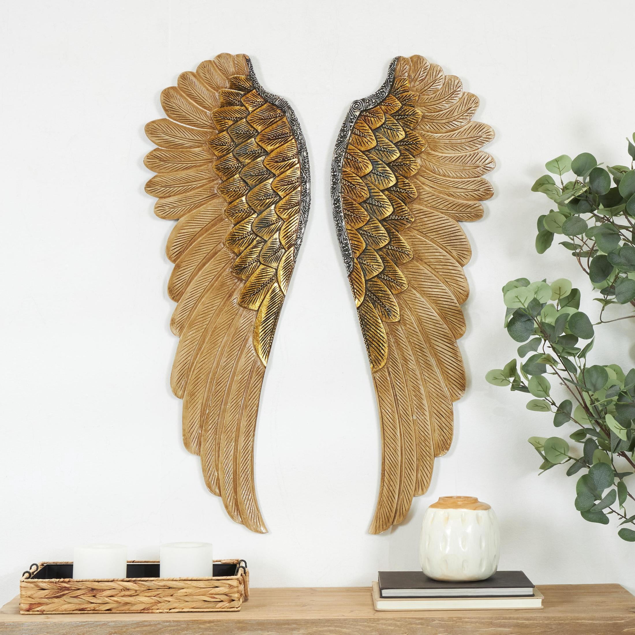 DecMode Gold Wooden Carved Angel Wings Bird Wall Decor with Gold Accents (2 Count)