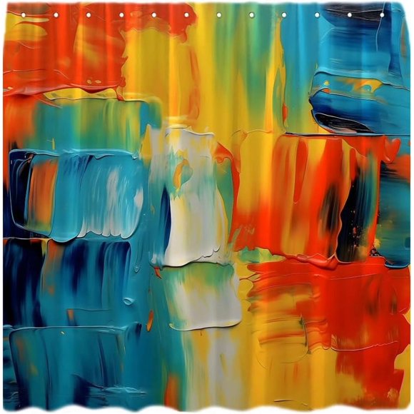 Abstract Shower Curtain Blue Orange Oil Painting Watercolor Grunge Brushstrokes Colorful Art Modern Home Decor Fabric Bathroom Curtain with plastic hook