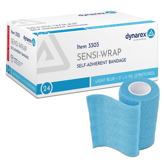 Dynarex Sensi-Wrap Self-Adhesive Bandages, 24-Pack, 3" x 5 yards, Light Blue, Latex, Colored Elastic Cohesive Athletic Tape, Tattoo Grip & Vet Wrap
