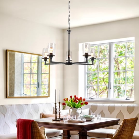 AFANQI Black Clear Glass Shade Chandelier, 5 Light Industrial Style Living Room Chandelier