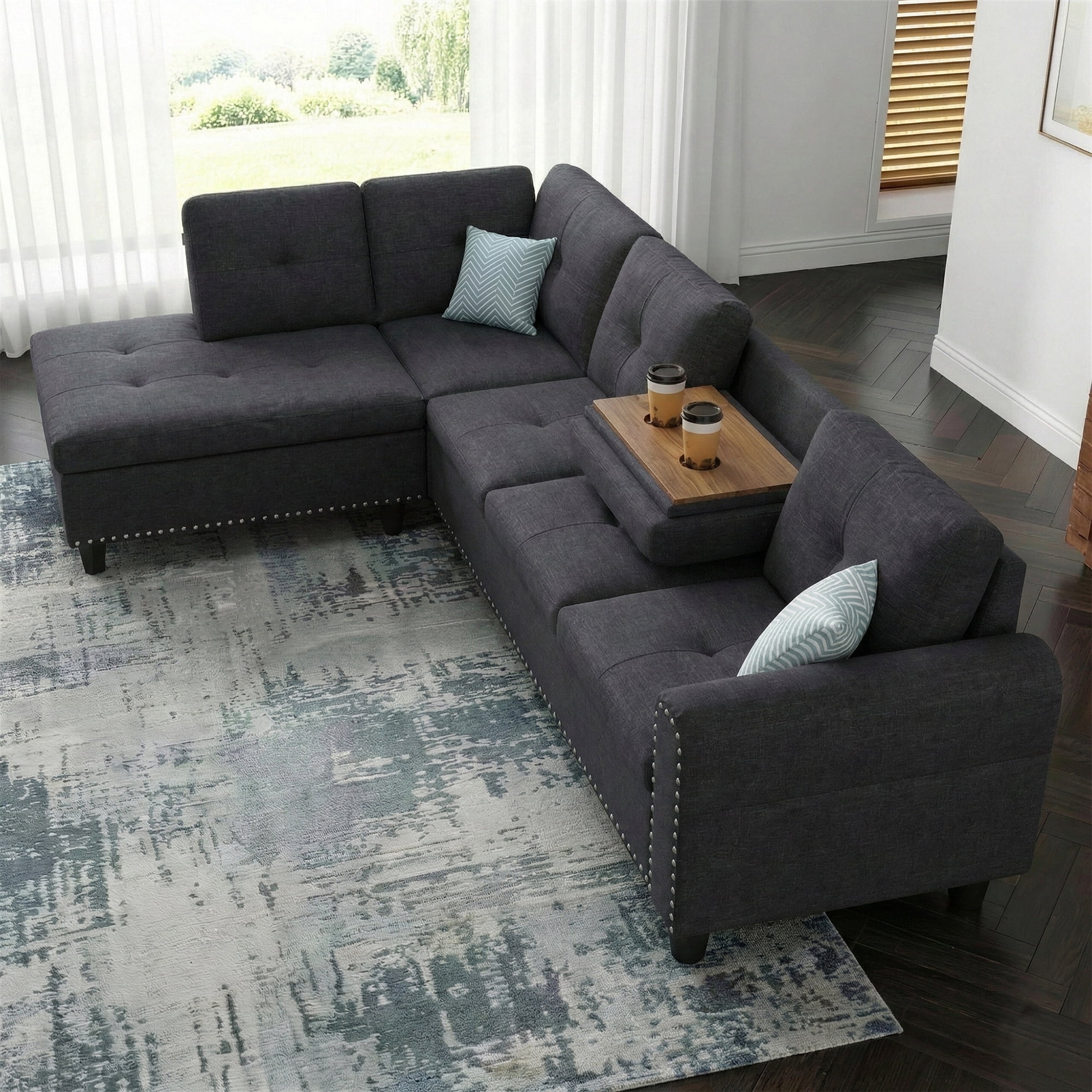 AENKYO 98" L-Shaped Upholstered Sectional Sofa Couch with Storage & Cup Holders, Faux Leather Living Room Sofa Set, Charcoal Gray