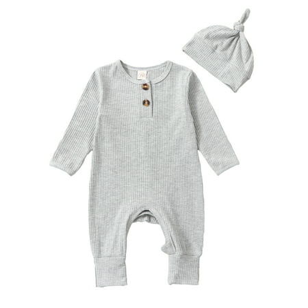 

Baby Boy Casual Jumpsuit Set Solid Color Ribbed Long Sleeve Romper and Beanie Hat for Infant Toddler（0-18Months）
