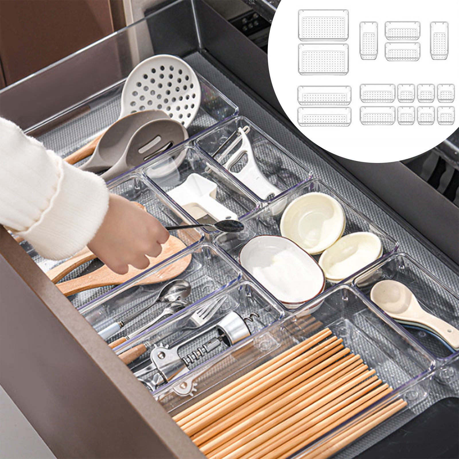 Specollect 1 Pcs Transparent Drawer Divider Storage Box Set, Adjustable Organizer for Cosmetics, Cutlery, Office Desk Accessories, Non-Slip Modular Container