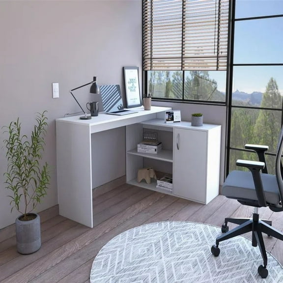 Boahaus Linyi L-Shaped Computer Desk, White, 2-Shelves, One Cabinet, for Adults