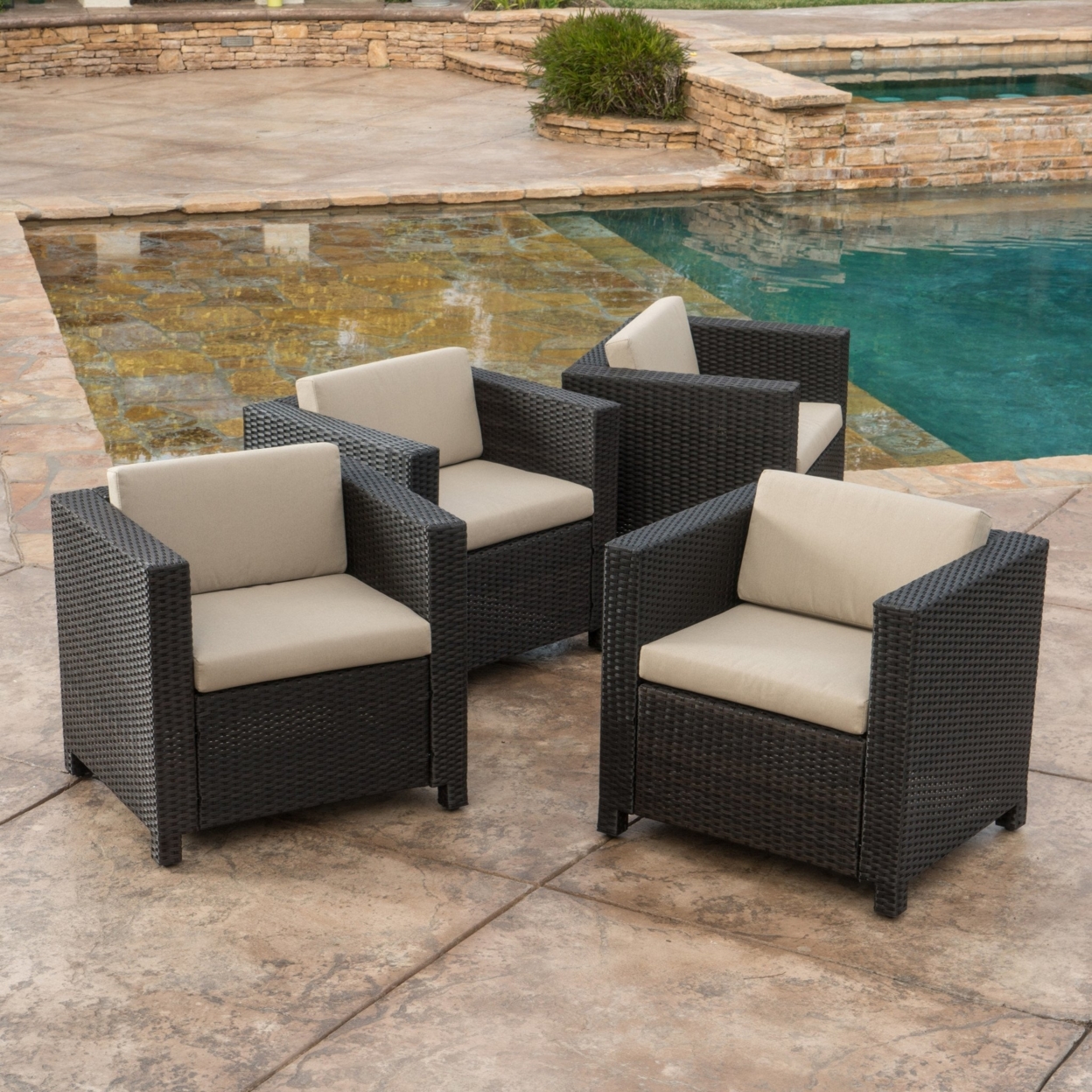 Bowden Outdoor Brown Wicker Club Chairs with Cushions (set of 4