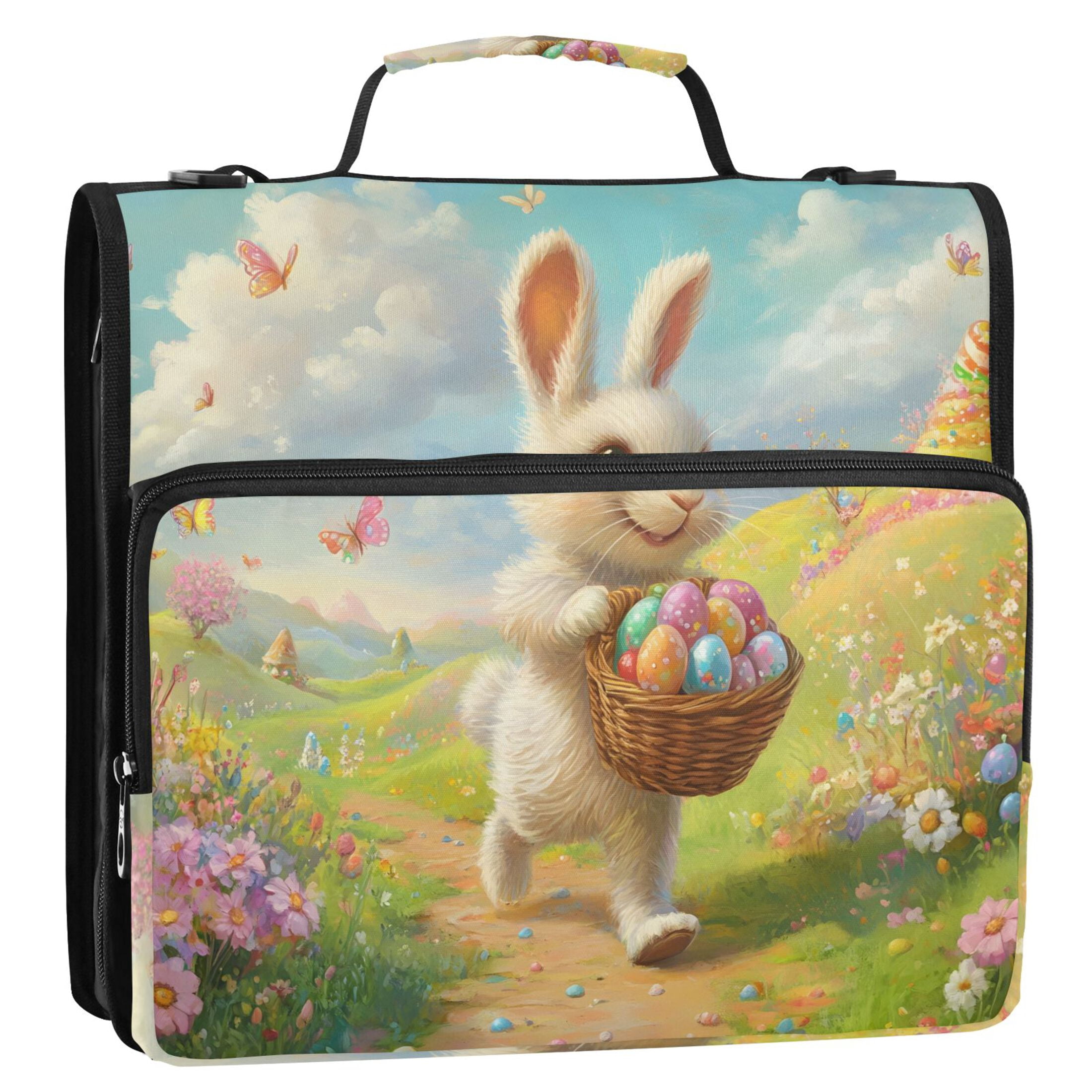 3 Ring Zipper Binder with Shoulder Strap Waterproof Trapper Keeper 2 Inch D-Ring 500 Sheets Capacity Cartoon Bunny Walks with Easter Eggs