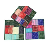 Mogul Indian Handmade Patchwork Sofa Cushion Cover Traditional Vintage Embroidered Colorful Ethnic Retro Square Accent Pillow Case 16x16 Inches Set Of 3