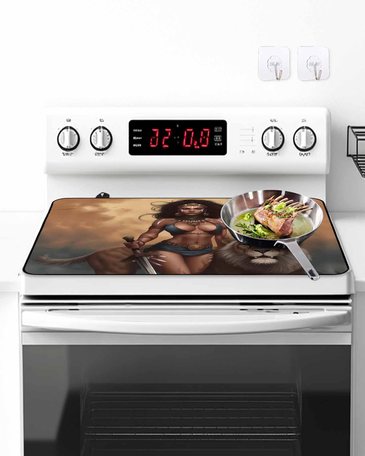 Vintage African Stove Top Covers for Electric Stove, 28'x20'' Tribe Lion and Warrior Woman Glass Ceramic Stove Cover Foldable Rubber Mat Heat Resistant Cooktop Protector for Kitchen