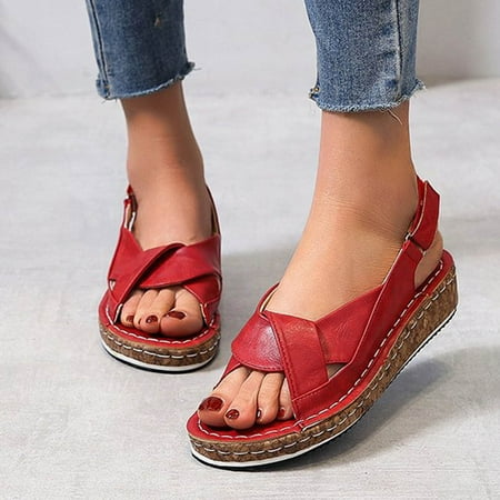 

YOTAMI Womens Solid Comfy Sandals Slope Heel Casual Beach Summer Shoes Red 8
