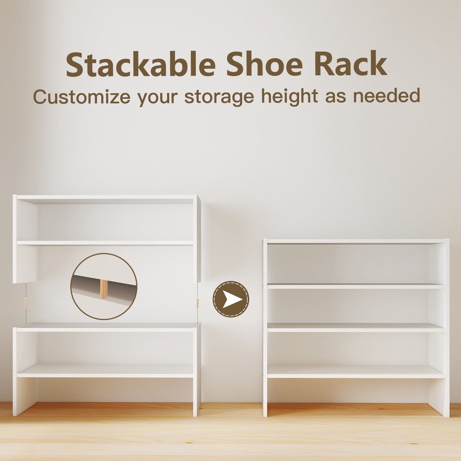 Prilinex 2-Tier Shoe Rack Organizer Set of 2, Stackable White Shoe Shelf, Wooden Freestanding Shoe Shelves for Closet, Entryway & Office, Holds Up to 12 Pairs