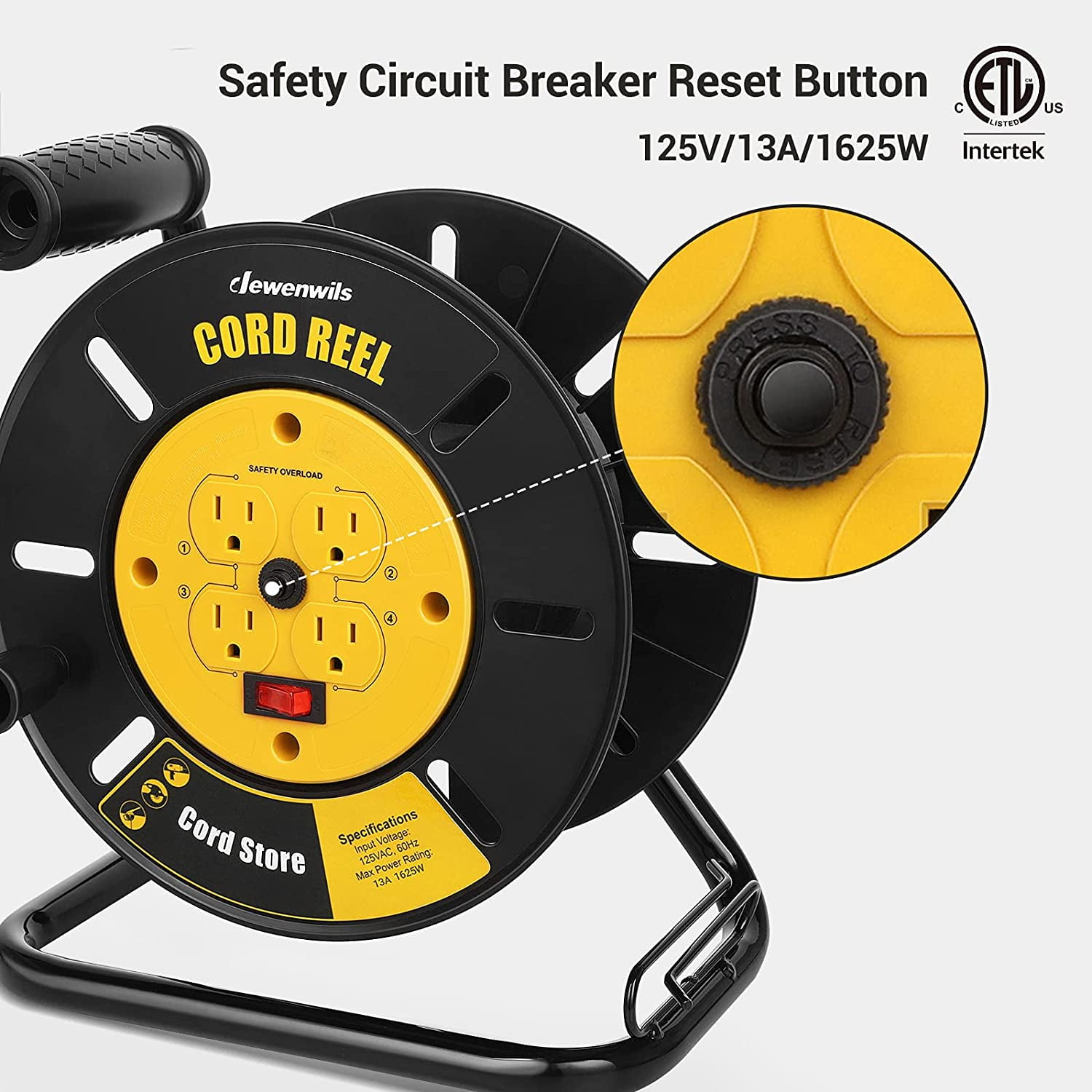 DEWENWILS Extension Cord Reel with 4-Grounded Outlets, Hand Wind Retractable