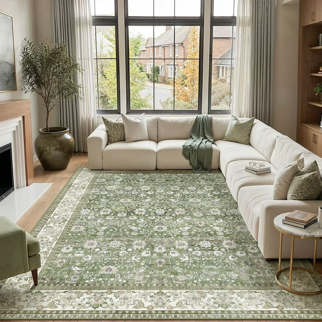 BERTHMEER 5'x7' Area Rugs for Living Room Bedroom Kitchen Washable Oriental Non Slip Dorm Office Dining Room Traditional Distressed Throw Rugs Carpets, Light Green