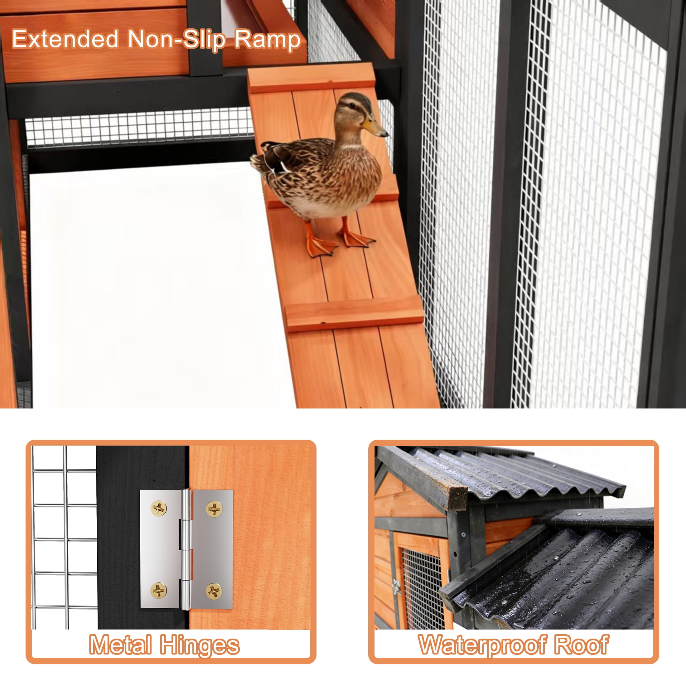 Predator Proof Outdoor 2 Story Duck Condo with Weatherproof Brooder,Duck Hutch with Wire Mesh Run,58",Orange with Black