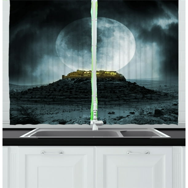 Night Sky Curtains 2 Panels Set, Big Full Moon over a Fantasy Castle on