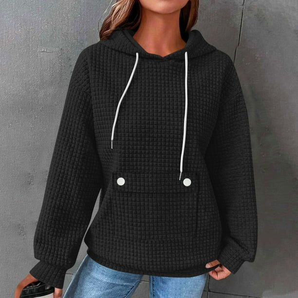 HongQid Womens Hoodies Casual Long Sleeve Drawstring Waffle Pullover Tops Loose Hooded Sweatshirt with Pocket