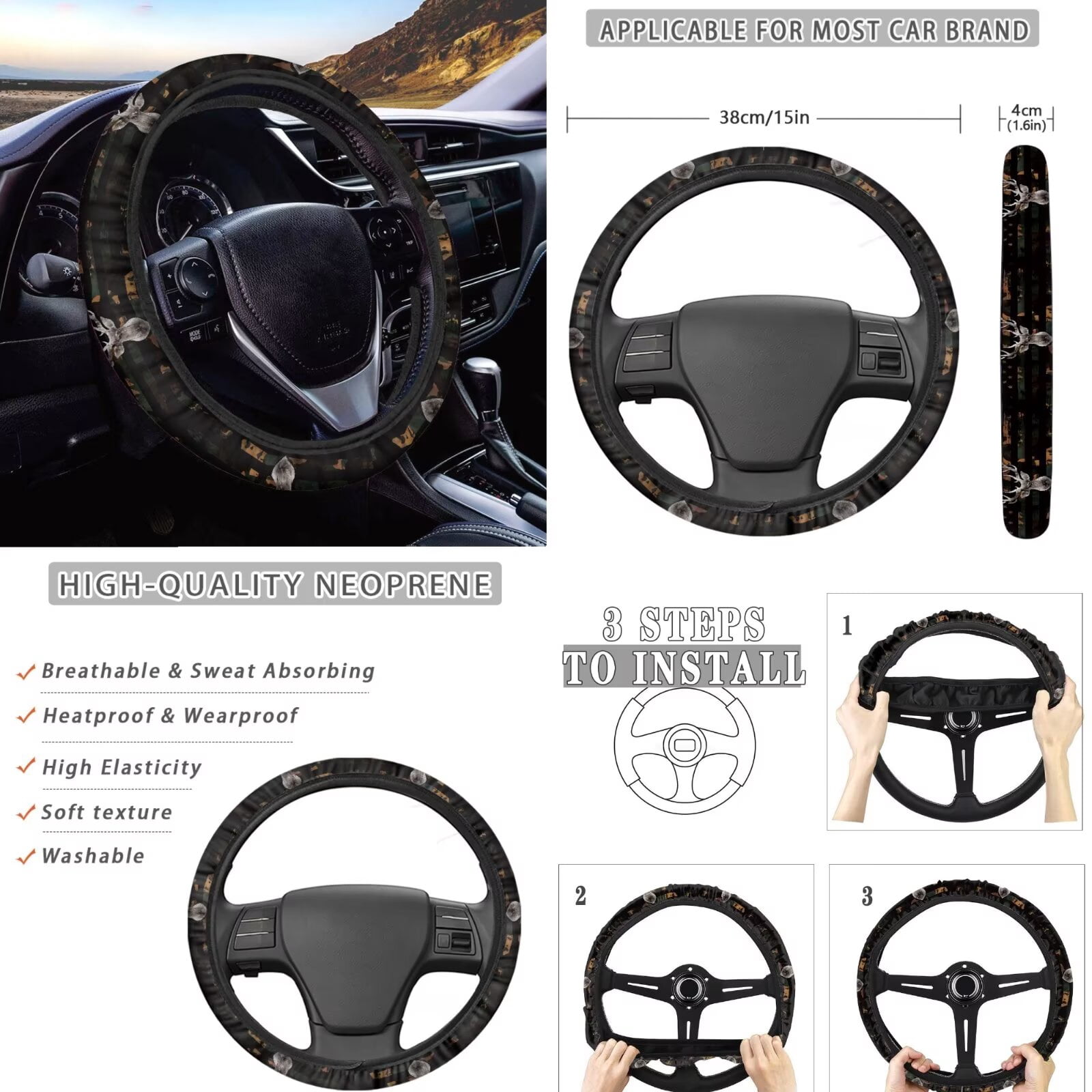 FKELYI American Flag Antler Print Car Seat Covers with Steering Wheel Cover Auto Center Console Pad Seat Belt Pads Head Rest Covers Gear Shift Cover Hanbrake Cover, 16 Piece Interior Decor