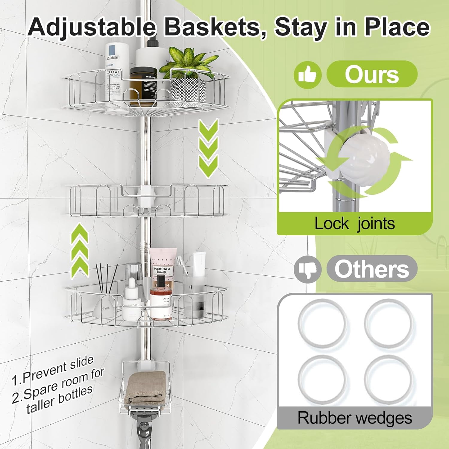 Silver Shower Caddy Corner Tension Pole, Stainless Steel AdjustableCorner Shower Caddy Stand for Bath Inside Shower Organizer Storage, Rust-Resistant, 54 to 125 Inch