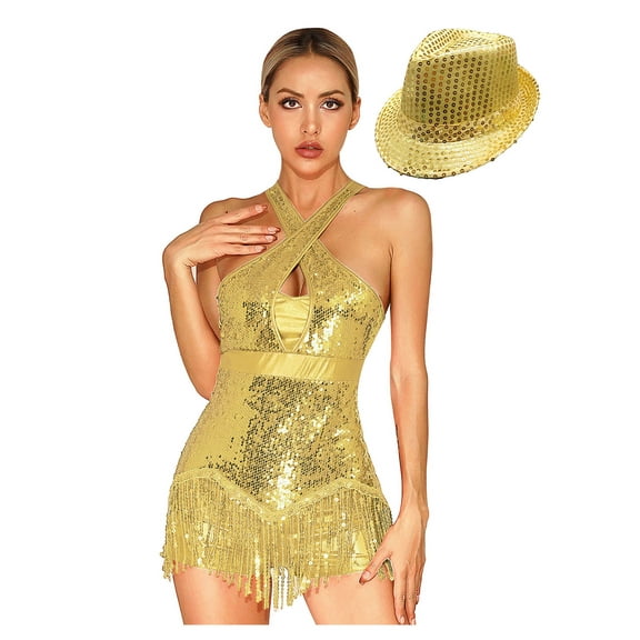 Fldy Women Glittery Sparkly Bodysuit Fringe Dance Leotard Latin Jazz Ballroom Costumes with Hat Gold M