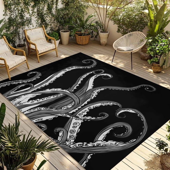 Black Octopus Coastal Outdoor Rug for Patio/Deck/Porch, Non-Slip Large Area Rug 3 x 5 Ft, Nautical Ocean Modern Abstract Art Indoor Outdoor Rugs Washable Area Rugs, Camping Rug Carpet Runner
