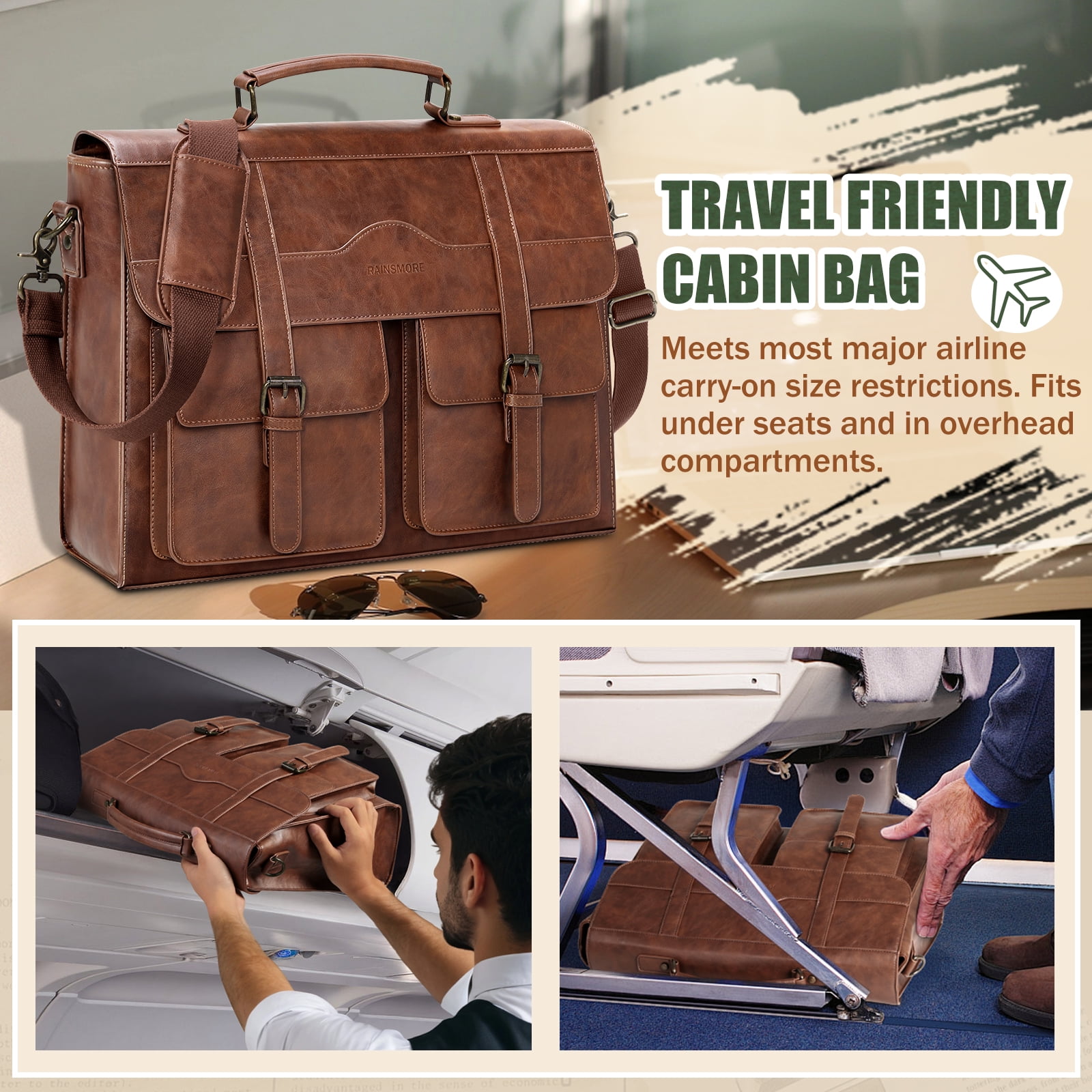 RAINSMORE Mens Messenger Bag 17 Inch Vintage Leather Laptop Bag Magnetic Closure Large Satchel Computer Briefcase Shoulder Bag,Brown