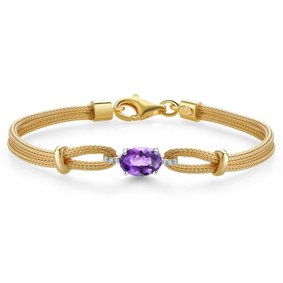 925 Two Tone Sterling Silver Purple Amethyst and White Lab Grown Diamond Bracelet for Women (1.24 Cttw, Gemstone February Birthstone, Oval Checkerboard 8X6MM, 6.5/7/7.5 inches, Made in Italy)