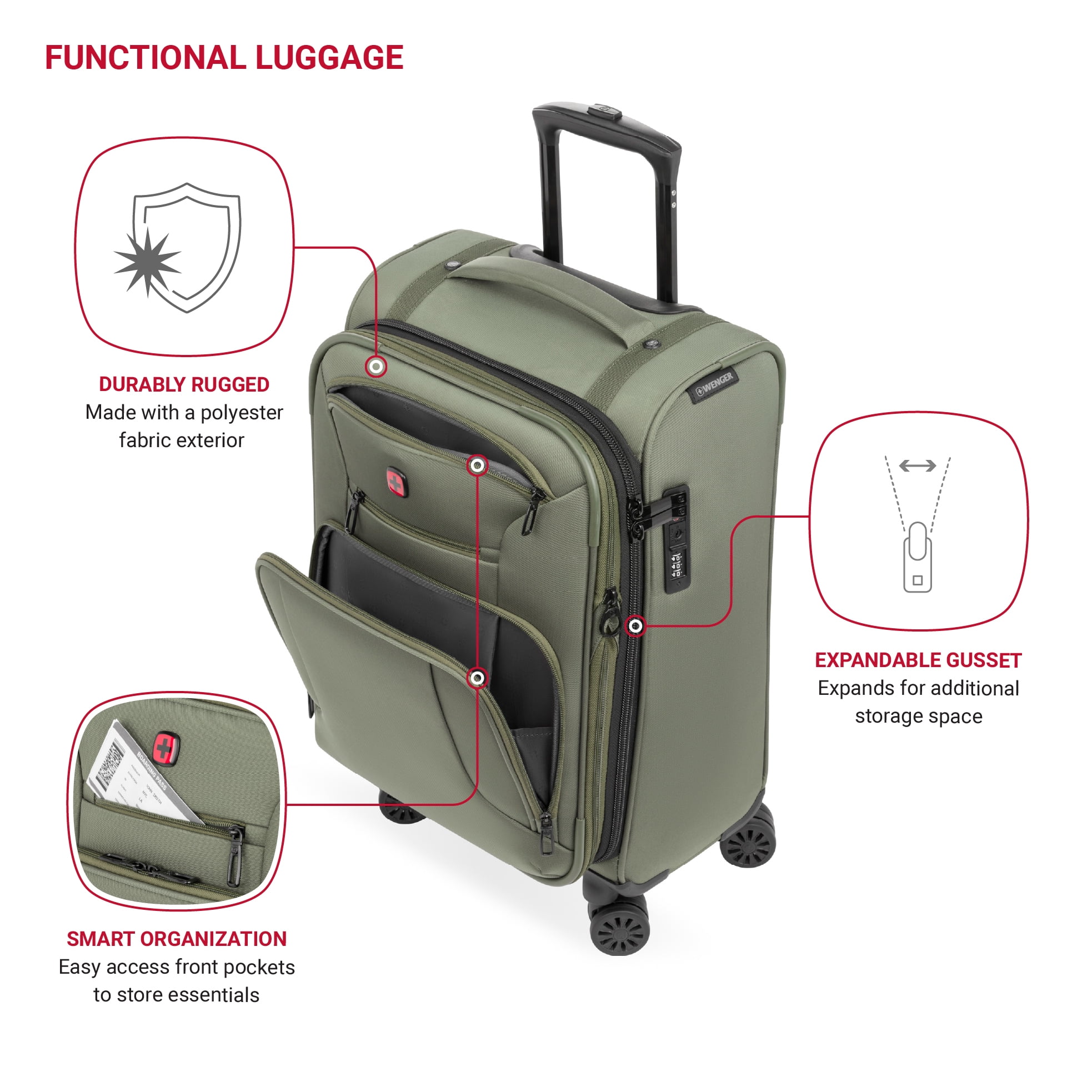 Wenger WG7062 Carry-on Spinner Luggage in Green with 8 Wheels and Built-in TSA Lock