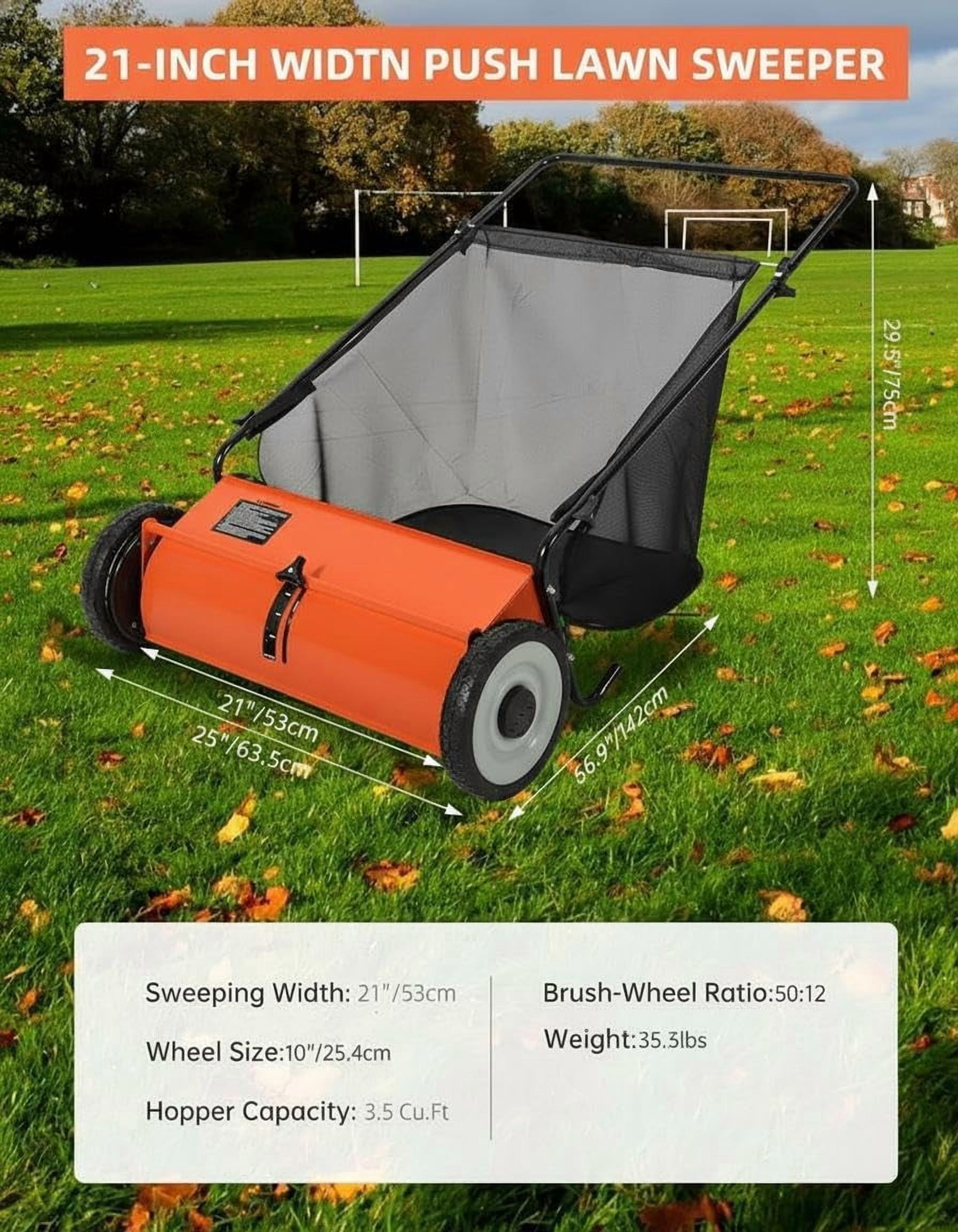 Manual 26" Push Yard Sweeper, Heavy Duty Steel Frame Leaf & Grass Collector with 7 Cu Ft Large Capacity Hopper, 4 Fast Spinning Brushes, Adjustable Sweeping Height for Lawn and Garden