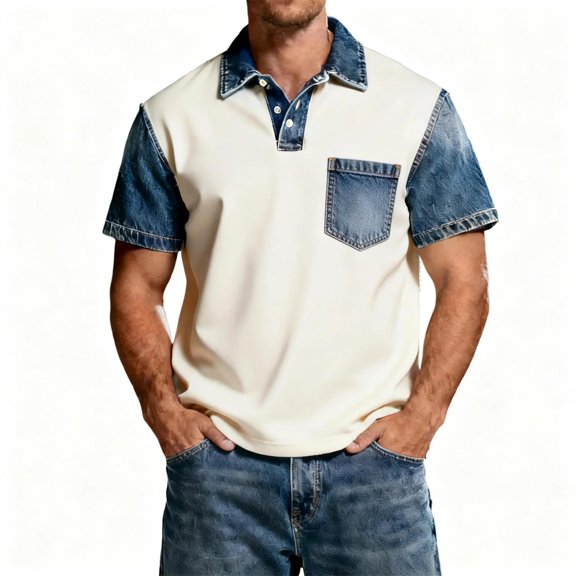 Hearthz Mens T-Shirts Denim Patchwork Raglan Mens Short Sleeve Shirt Collared Button Down Shirt Men with Pocket Blue XL