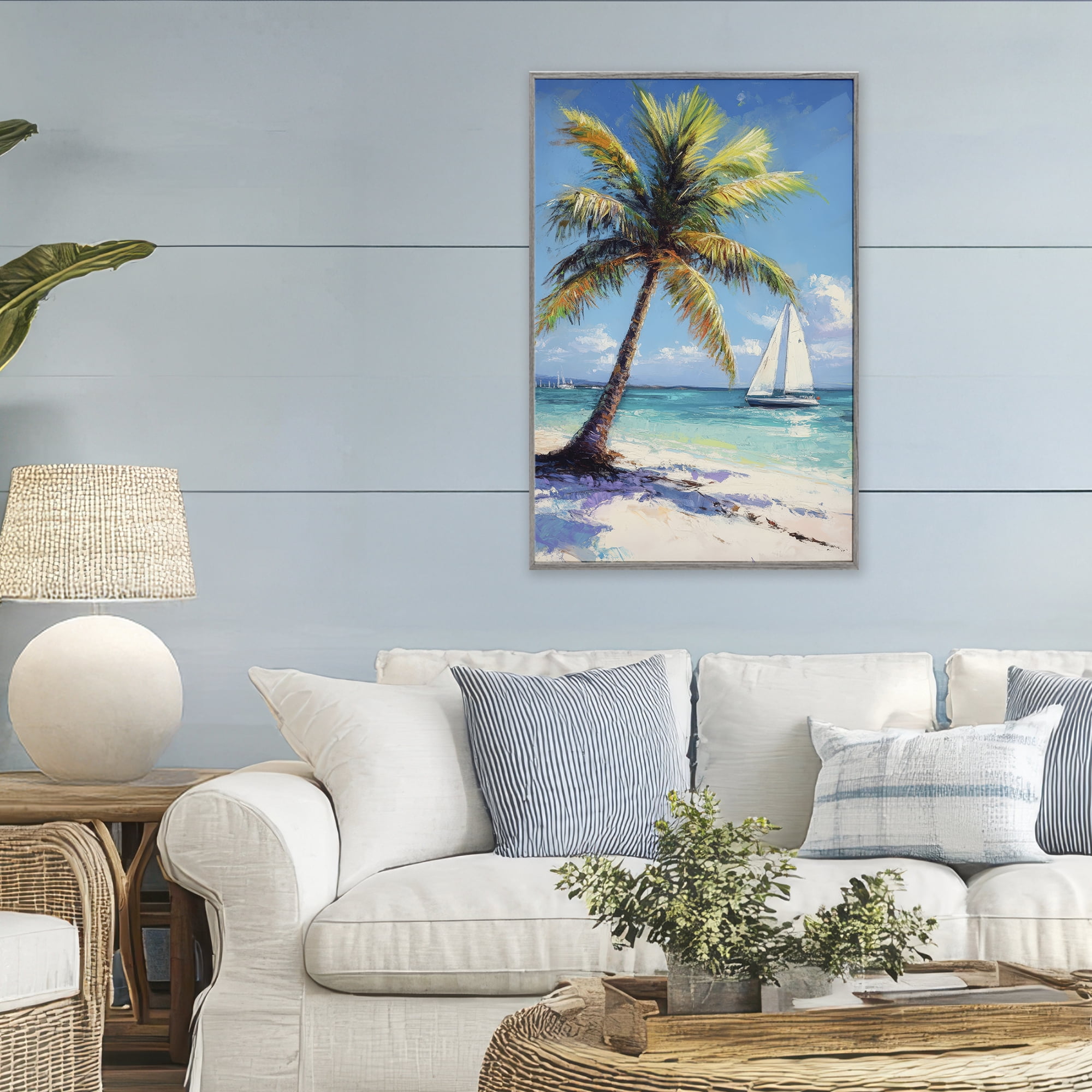 Stupell Industries Palms & Sails Beach View Gray Framed Giclee Art, design by Petal Prints Design