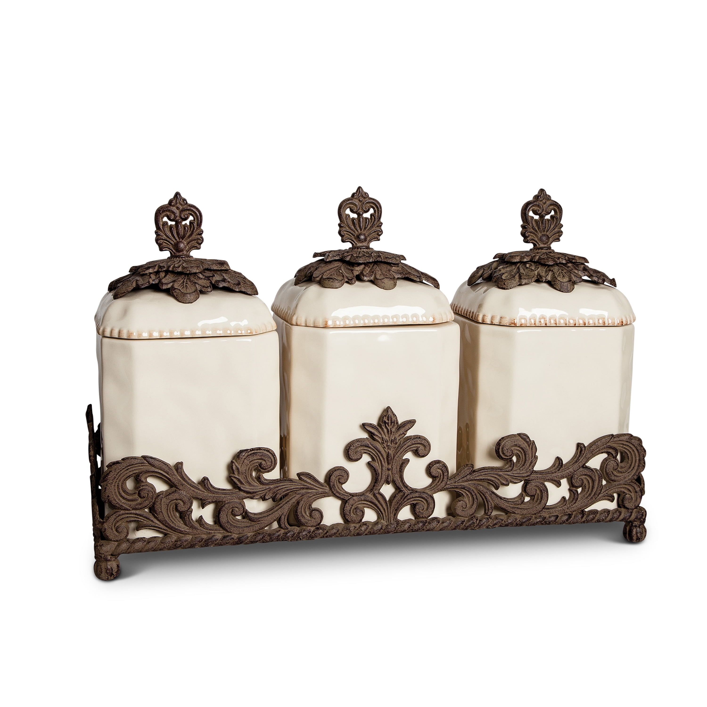 Gerson Cream Ceramic 3 Piece Canisters With Provincial Metal Base Walmart Com Walmart Com