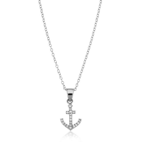 KoolJewelry Sterling Silver and Cubic Zirconia Small Anchor Pendant Necklace (18 inch)