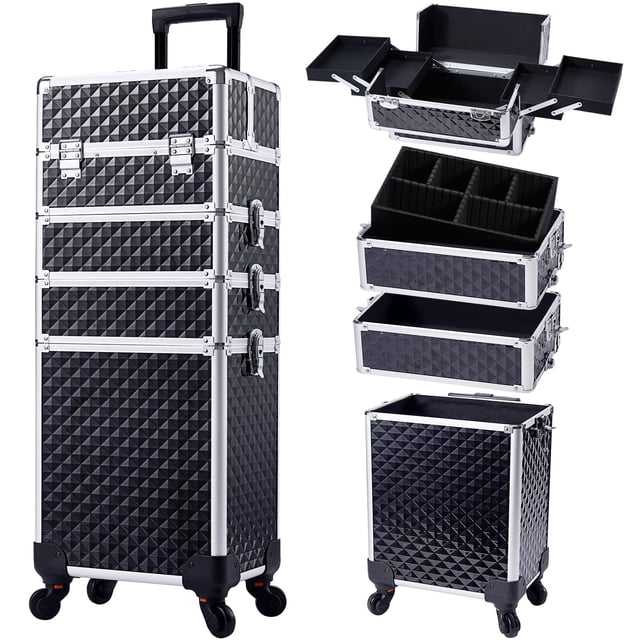 Stagiant Maleta con ruedas para maquillaje, carrito de almacenamiento grande para cosméticos, 4 en 1, carrito de gran capacidad, estuche de viaje para maquillaje con llave, ruedas giratorias, estuche