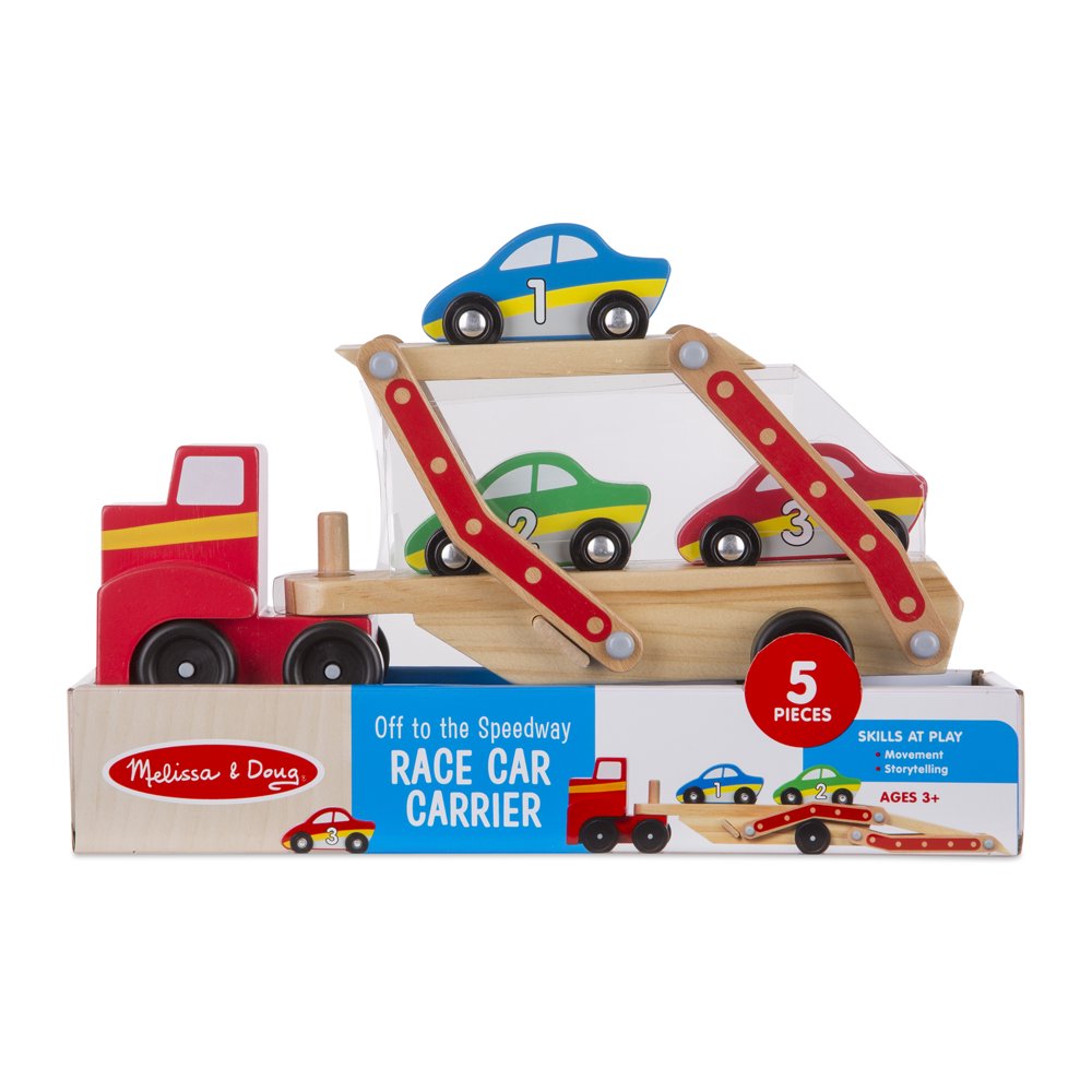 Melissa & Doug Off to the Speedway Wooden Race Car Carrier (5 pcs)