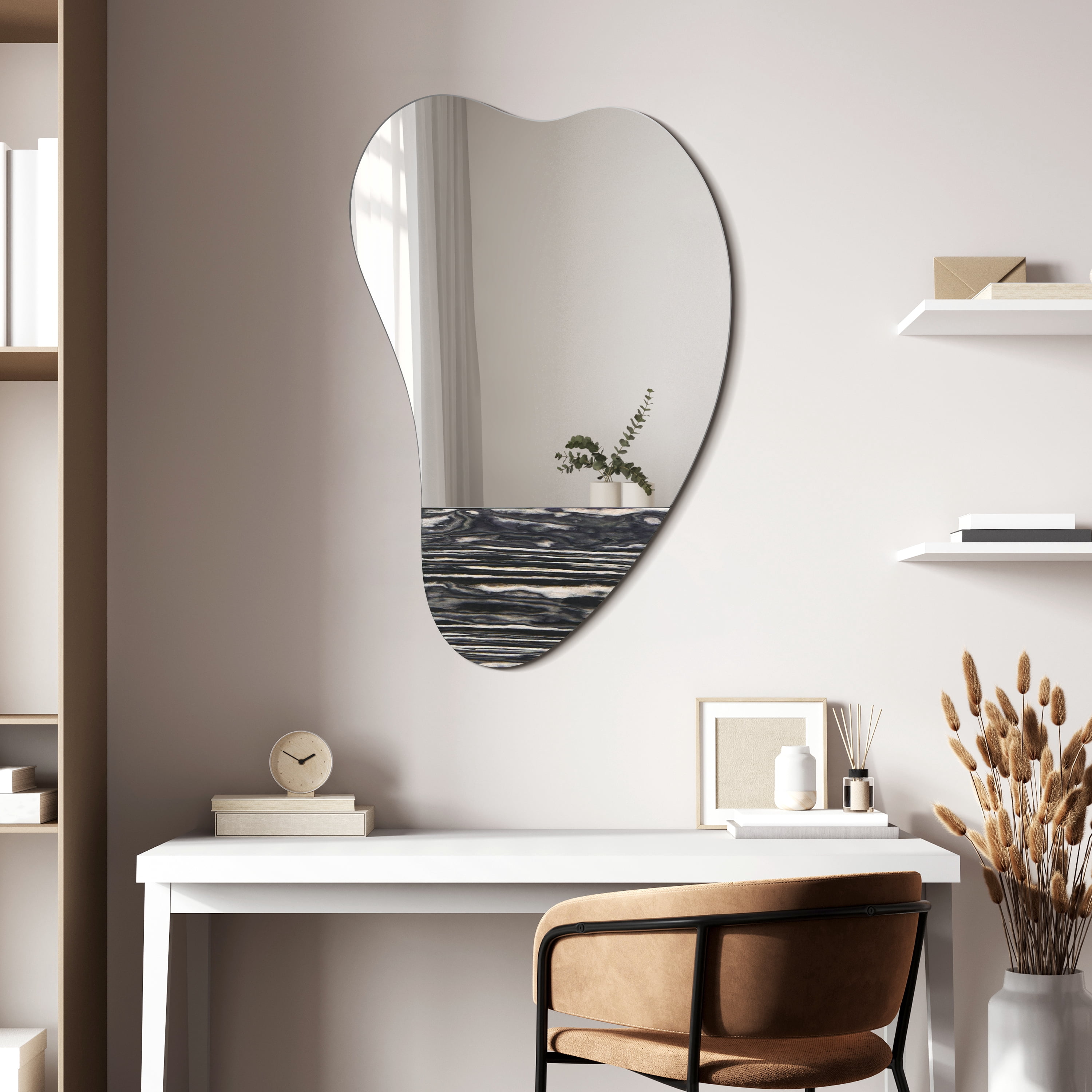 "Curved Harmony Wall Mirror", 36"x24" Irregular Frameless Mirror Featuring Exotica Stained Veneer Accents