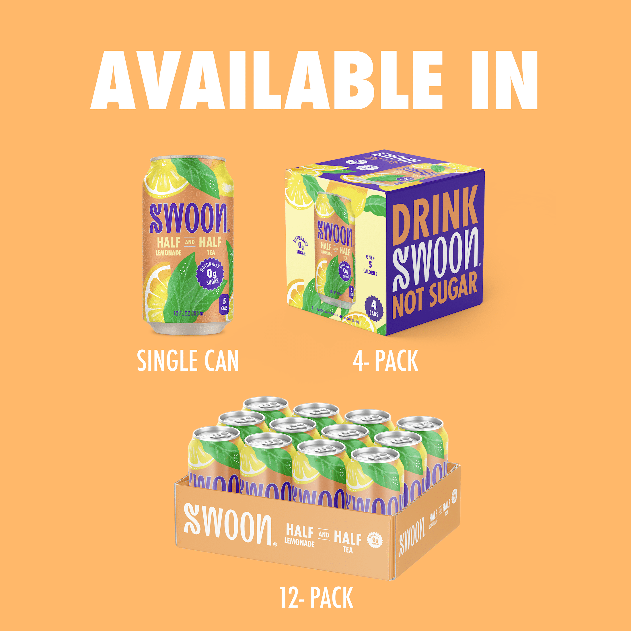 Swoon Zero Sugar Half Lemonade & Half Tea, 5 Calories, Sugar Free, 12 fl oz Can, 12 Pack