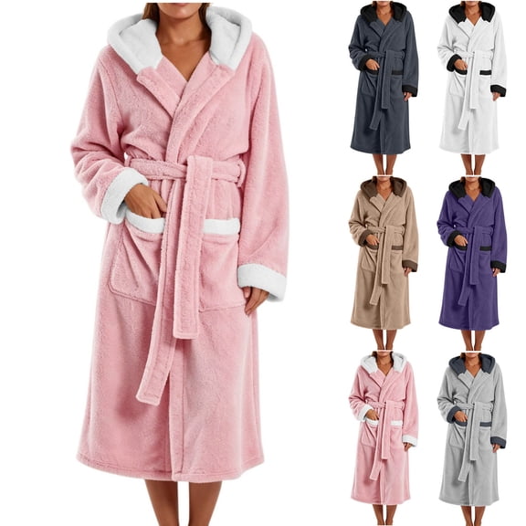 qolati Soft Robe for Women Warm Long Sleeve Plush Warm Winter Housecoat Spa Towel After Shower Lightweight Fluffy Long Hooded Bathrobe with Pockets