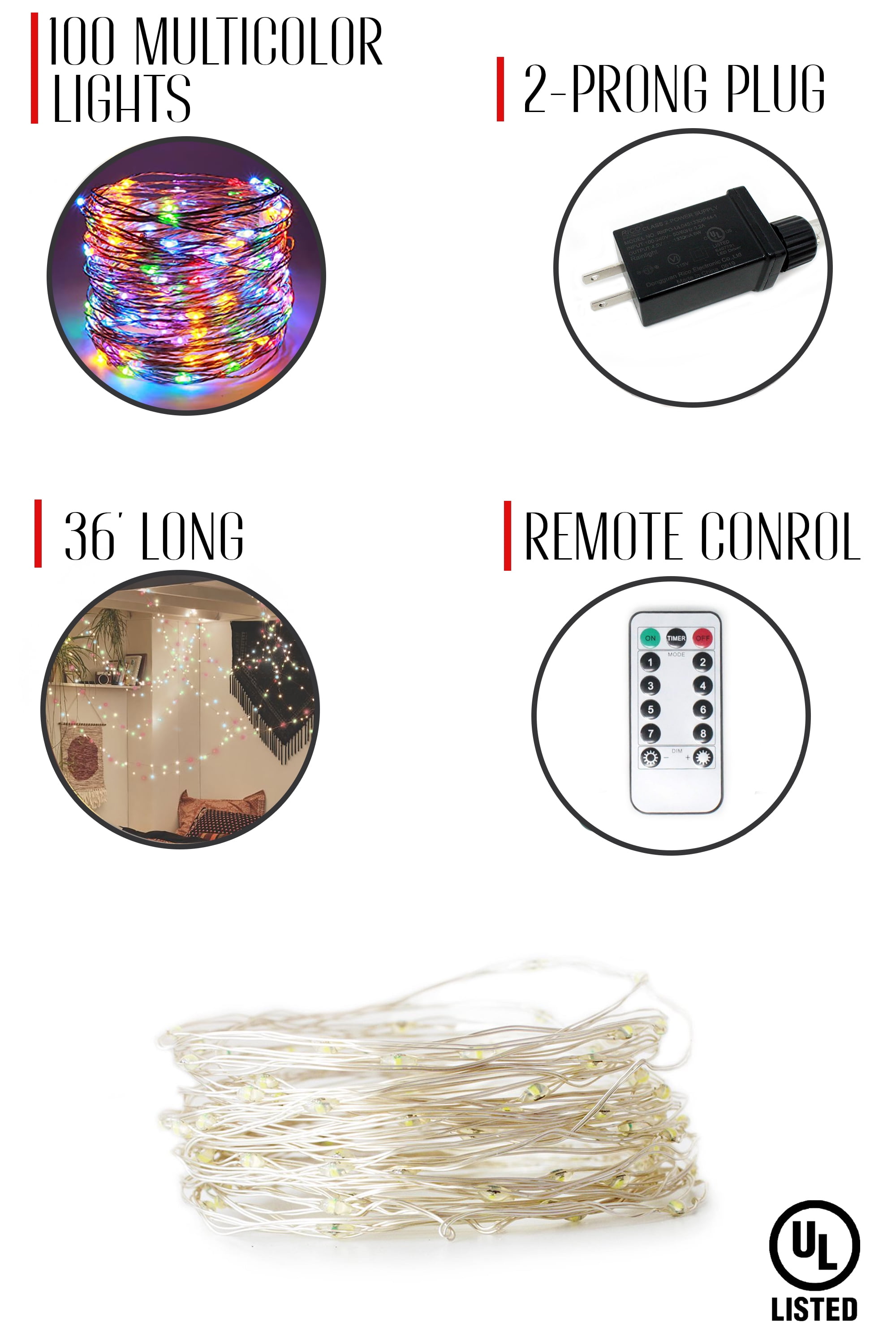 Perfect Holiday 100 LED String Lights Indoor/Outdoor Battery Operated with 9 Option Remote - Multi Color for Bedroom Décor, Patio, Holidays