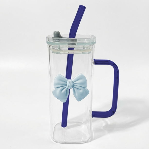 Pisexur Batería de cocina Vaso de agua de vidrio de 400 ml con tapa de asa, pajita de vidrio y decoración de mariposas desmontable para la cocina del hogar