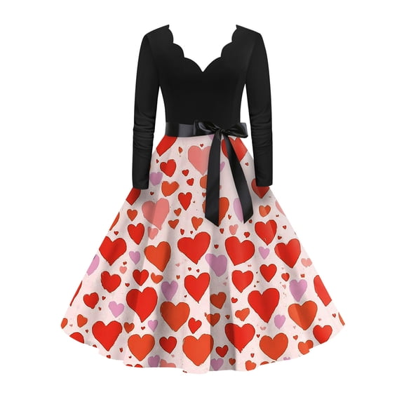 Fgvctg Valentine'S Day Womens Date Night Dress Formal Love Heart Graphic Vintage Dress Cocktail Sweet V Neck 50S Tea Dress Long Sleeve Dressy Sweet Outfit Pink S