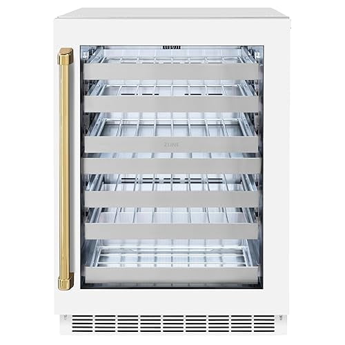 ZLINE Autograph Edition 24 in. Touchstone Dual Zone 44 Bottles Wine Cooler With White Matte Glass Door And Polished Gold Handle (RWDOZ-WM-24-G)