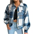 thumbnail image 4 of IROINNID Women's Shacket Jacket Turndown Lapel Plaid Long Sleeve Loose Autumn And Winter Lattice Lantern Woolen Cloth Jacket, Blue, 4 of 6