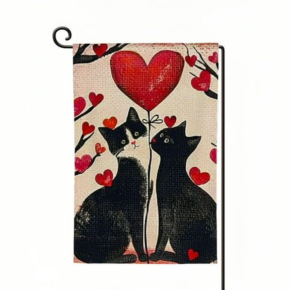 PHYHOO Garden Flag Double Sided Vertical, Burlap Small Be My Valentines Black Cat Couple Heart Yard Flag Banner Sign for Wedding Valentines House Outdoor Decoration (ONLY FLAG)