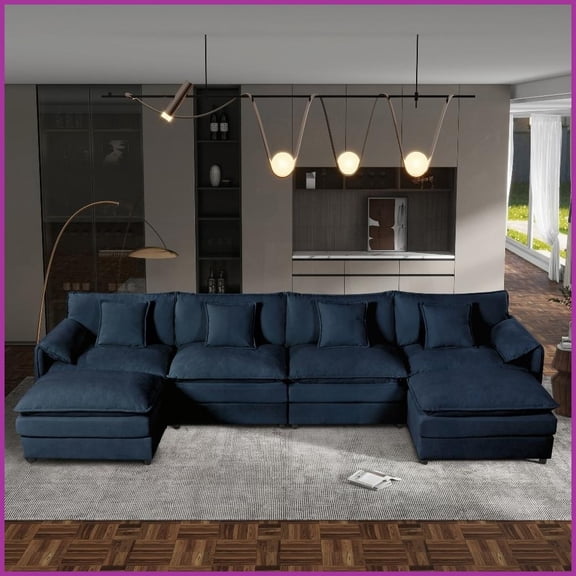 Modern Chenille U-Shaped Sectional Sofa, 6-Seater Oversized Deep Seat Modular Couch with 2 Movable Ottomans for Living Room, DIY Combination