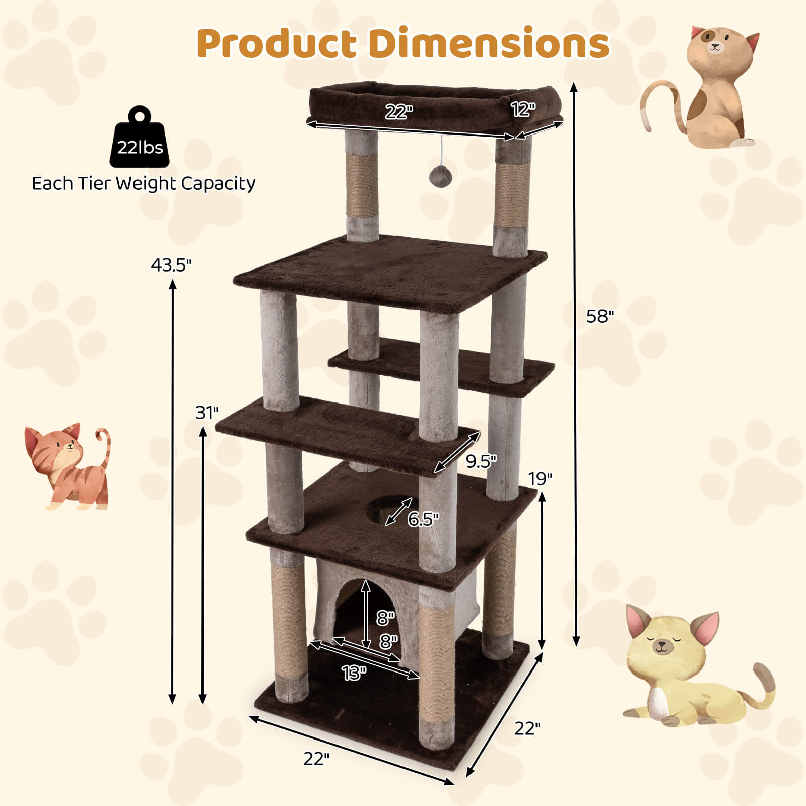 Costway Large Multi-level Cat Tree 58" Tall Cat Tower with Swaying Aerial Condo Perch Bed Brown