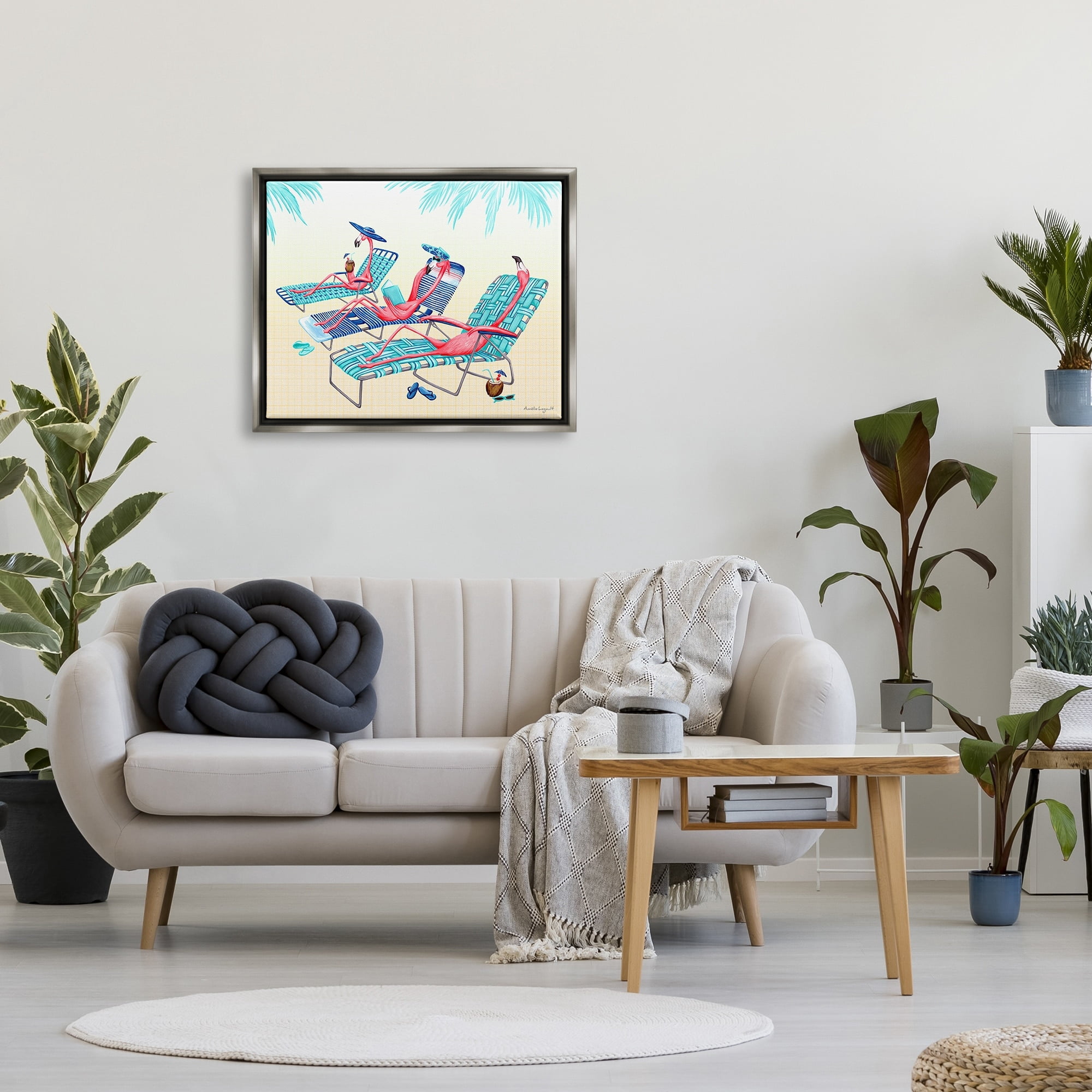 Stupell Industries Pink Flamingos Lounging Beach Chairs Tropical Scene Graphic Art Luster Gray Floating Framed Canvas Print Wall Art, Design by Amelie Legault