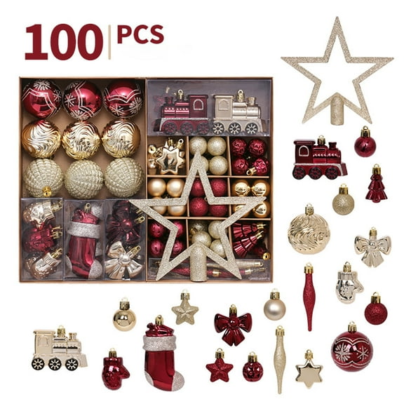 100 Pcs Christmas Ornaments Set with Hanging Balls & Star, Shatterproof Christmas Tree Ornaments with Festival Accessories for Wedding, Xmas Eve, Anniversary
