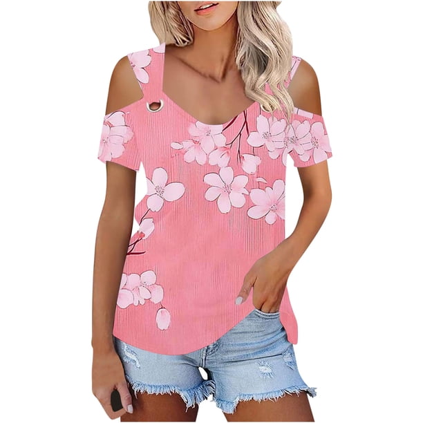 Camisas de Manga Corta para las Mujeres de Verano Sexy Frío Hombro Suéter Blusa Cuello en V Sólido, Ligero para Diario