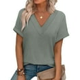 thumbnail image 4 of Olyvenn Womens Short Sleeve Sweater Waffle Knit Tops V Neck Spring Summer T Shirts Casual Solid Blouses Outfits Mint Green S, 4 of 8